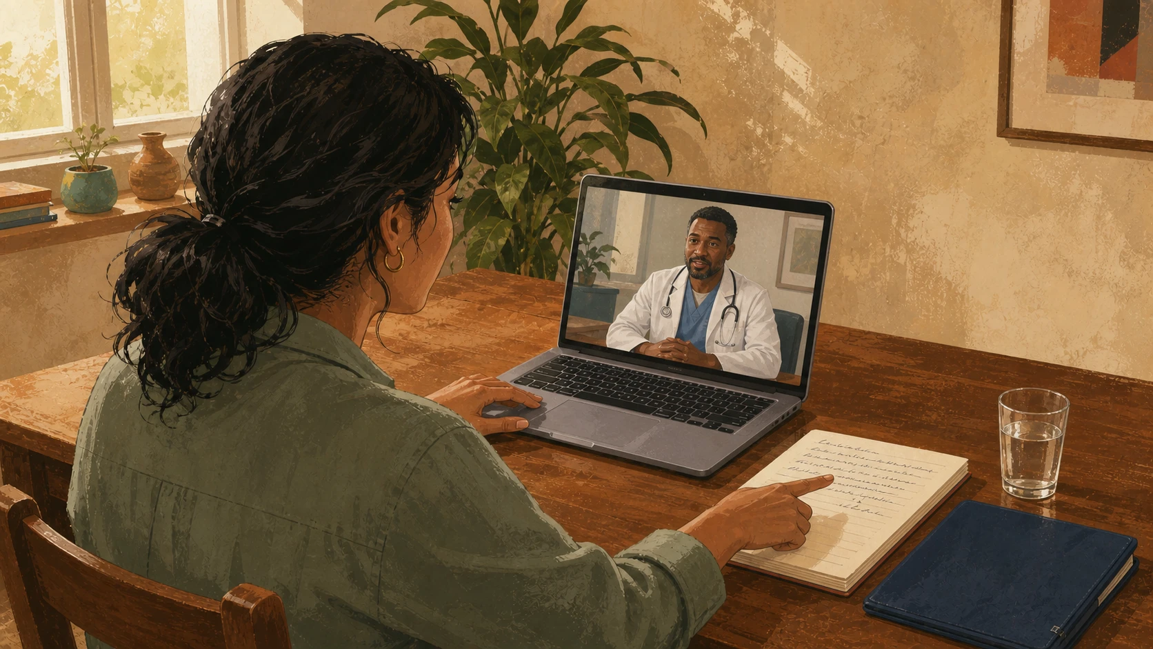 A woman points to notes while speaking with a clinician by video