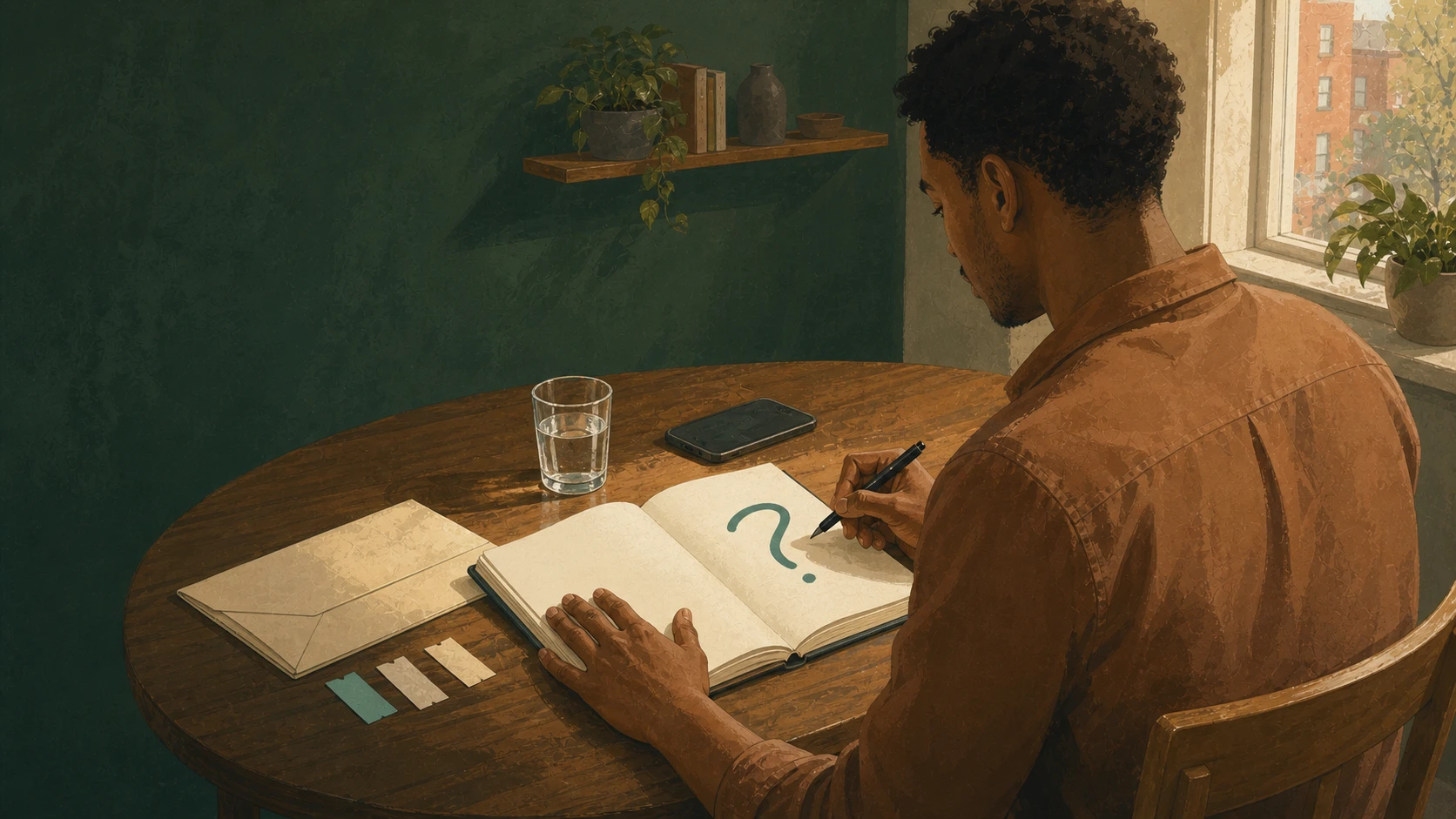 A man writes a question in a notebook beside his phone and a glass of water