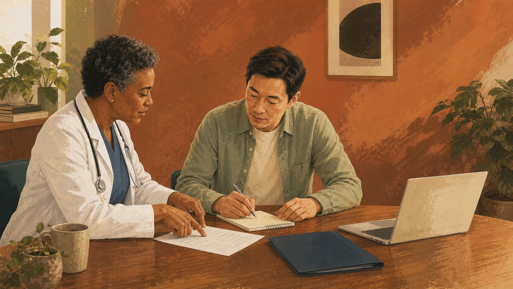 A clinician and a man review a document together at a table