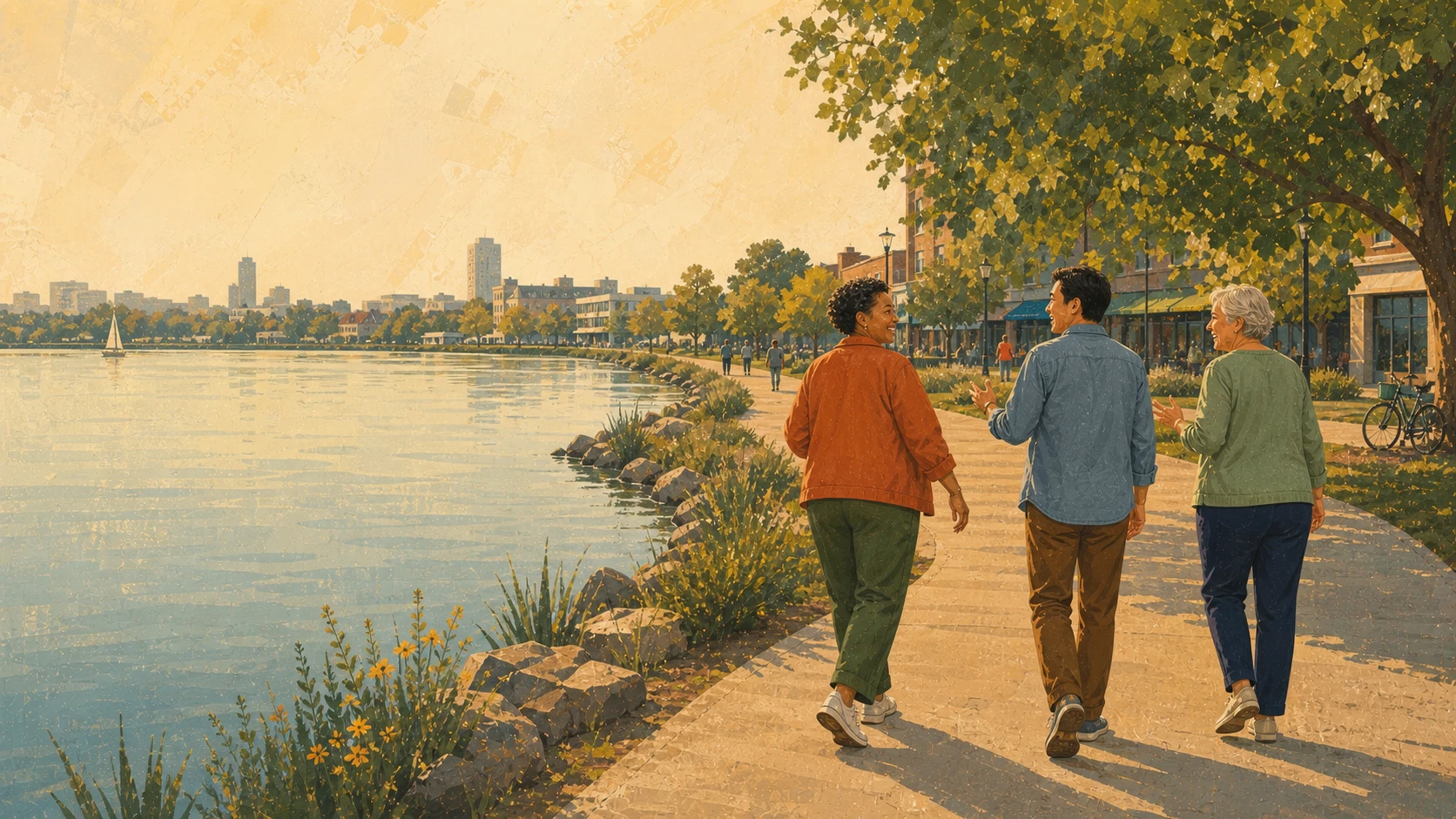 Three adults of different ages walk together beside the water