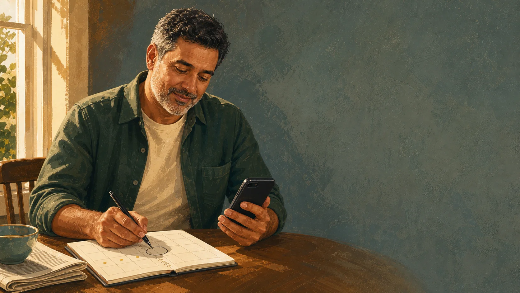 A man at a wooden table circles a date in a planner with a pen while reading a message on his phone