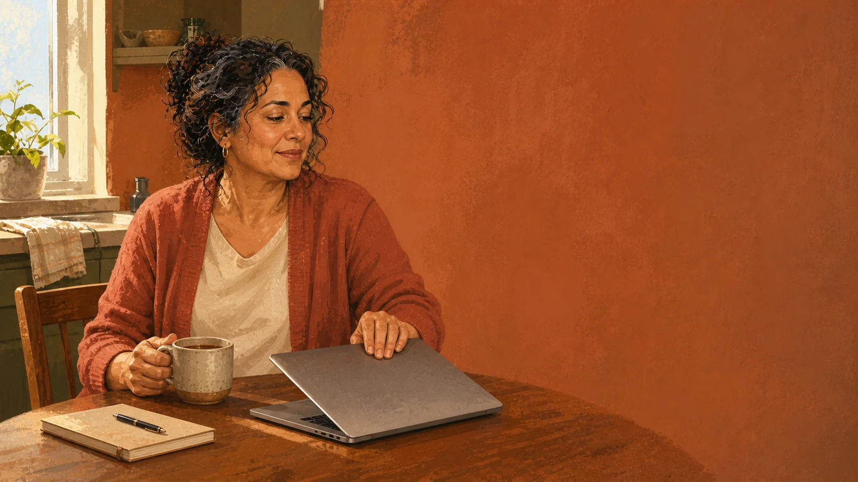 A woman at her kitchen table closes a laptop with one hand and holds a mug of coffee in the other, smiling to herself