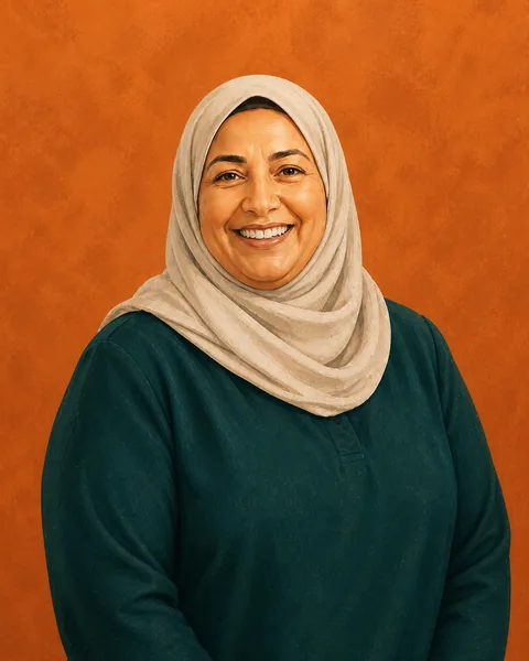 Drawn portrait of a woman in a limestone hijab and deep-sea blouse, smiling warmly