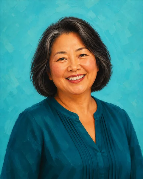 Drawn portrait of a woman with a chin-length dark bob in a deep-patina blouse, smiling