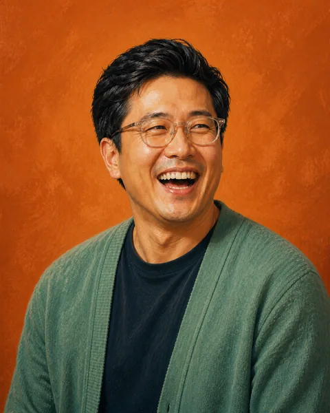 Drawn portrait of a man in glasses and a sea-green cardigan, laughing