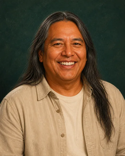 Drawn portrait of a man with long dark hair in a limestone overshirt, smiling