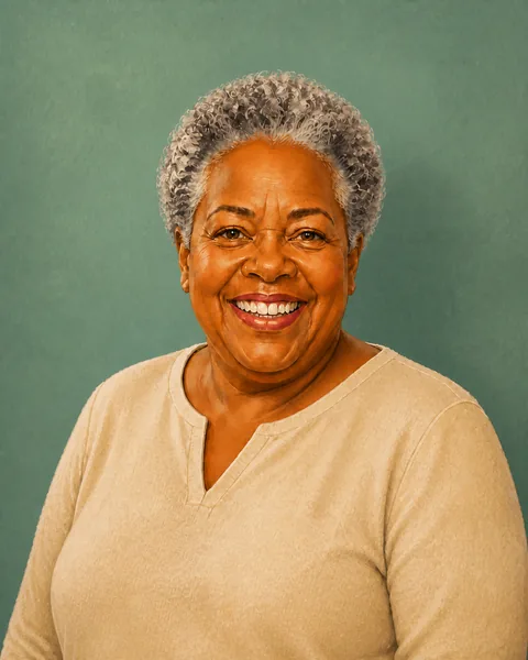 Drawn portrait of an older woman with short gray coils in a cream knit top, smiling broadly