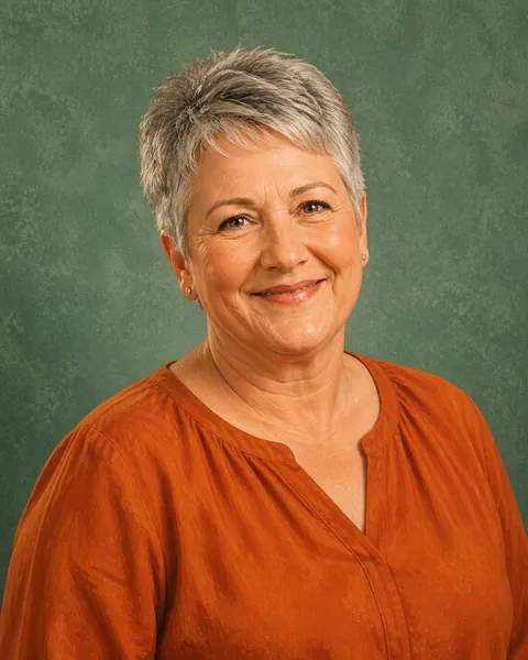Drawn portrait of a woman with a gray pixie cut in a cognac blouse, smiling quietly
