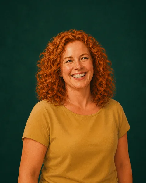 Drawn portrait of a woman with red curls in a soft-gold top, grinning