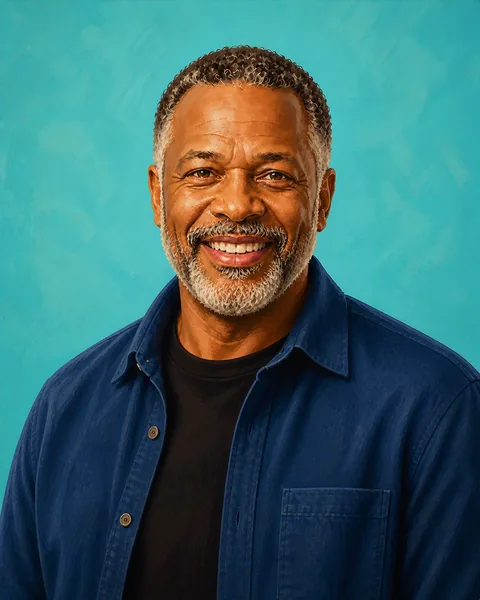 Drawn portrait of a man with a salt-and-pepper beard in a deep-sea overshirt, smiling