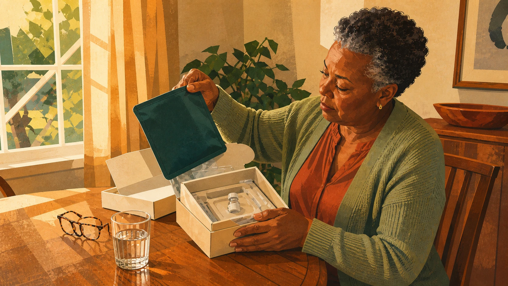 A woman opens a discreet injectable-care kit with a secured vial.