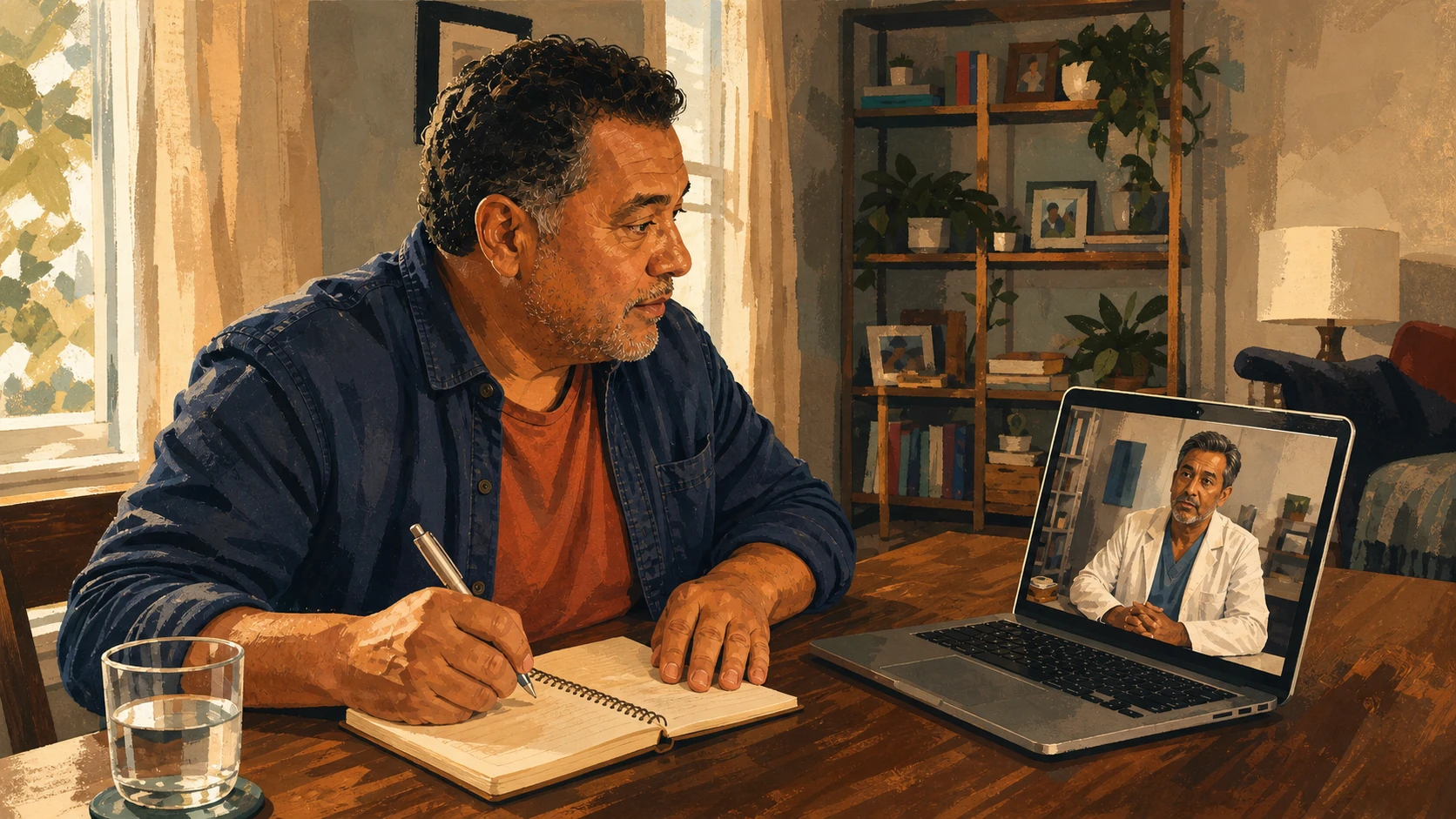 A man writes a question while speaking with a clinician by video.