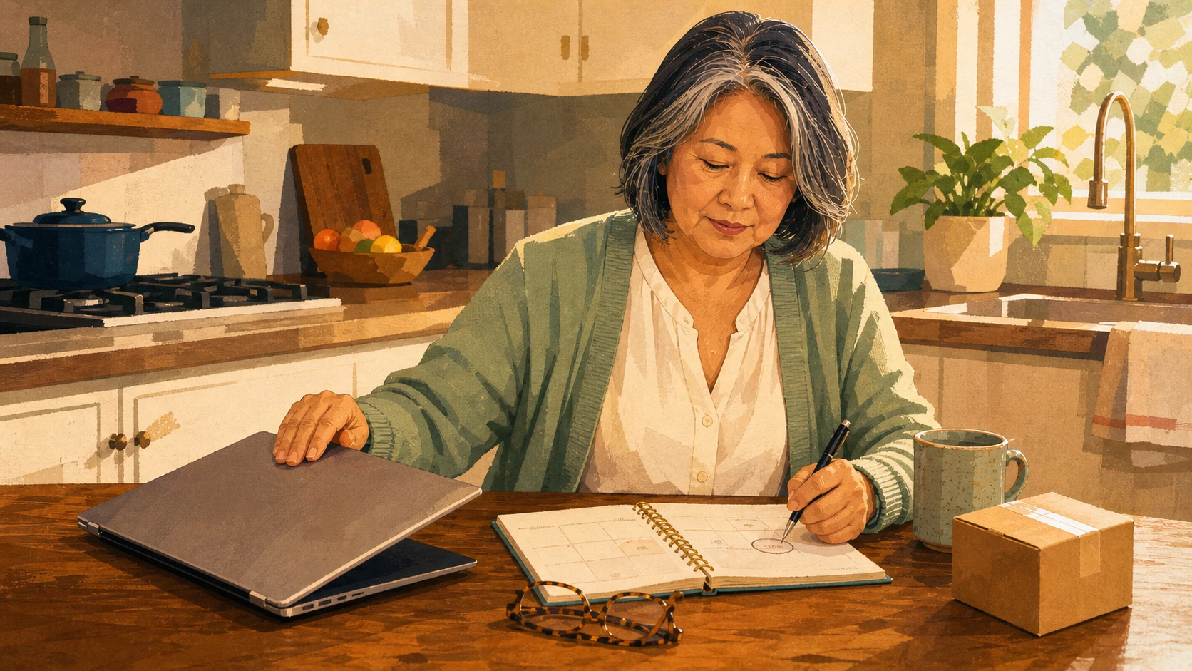 A woman closes her laptop and circles a follow-up date in her planner.